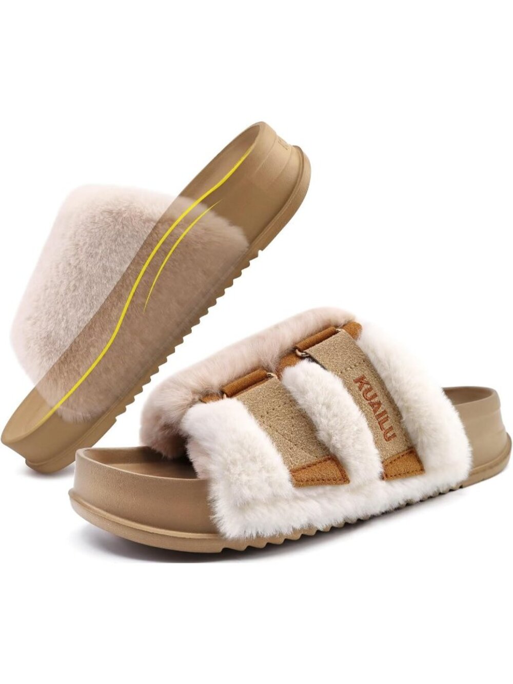Women's Beige White Soft Cushioned & Adjustable Fuzzy Faux Fur Slippers Slides